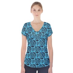 Turquoise Pattern Short Sleeve Front Detail Top