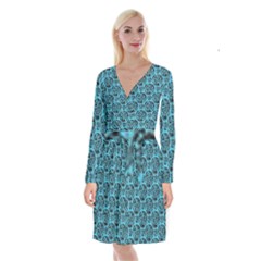 Turquoise Pattern Long Sleeve Velvet Front Wrap Dress