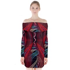 Artistic Blue Gold Red Long Sleeve Off Shoulder Dress by Mariart