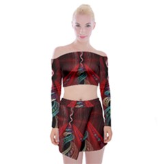 Artistic Blue Gold Red Off Shoulder Top With Skirt Set