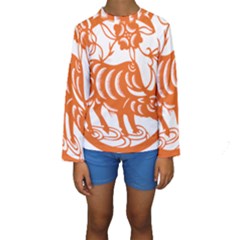 Chinese Zodiac Cow Star Orange Kids  Long Sleeve Swimwear