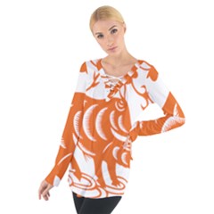 Chinese Zodiac Cow Star Orange Women s Tie Up Tee by Mariart