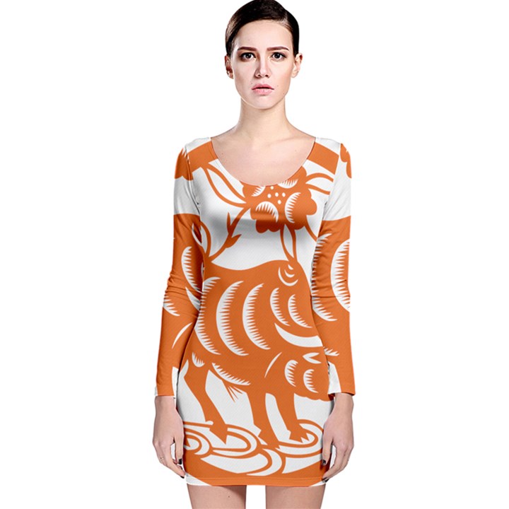 Chinese Zodiac Cow Star Orange Long Sleeve Velvet Bodycon Dress