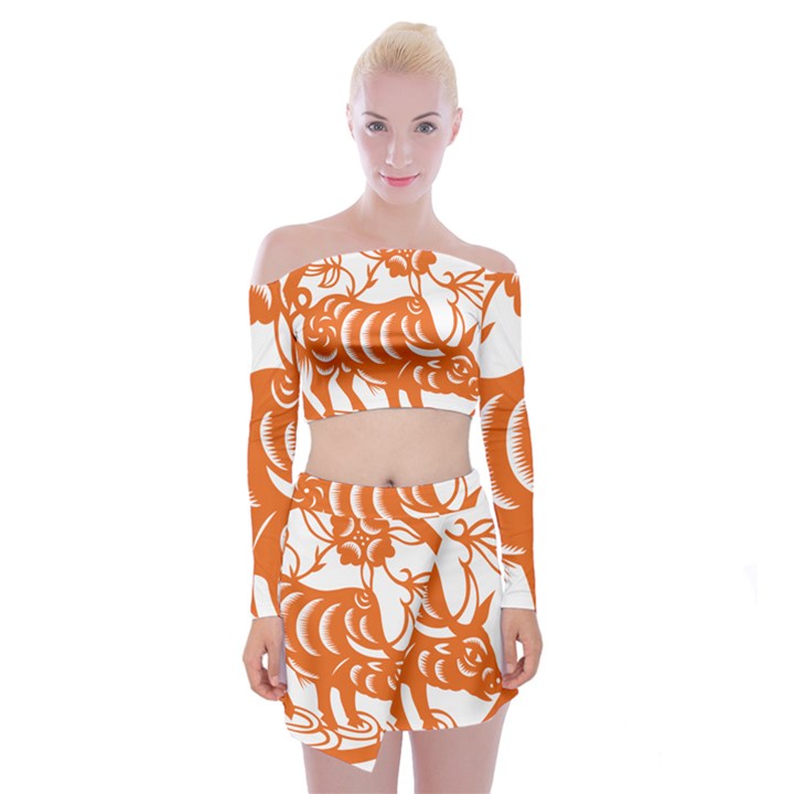 Chinese Zodiac Cow Star Orange Off Shoulder Top with Skirt Set