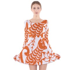 Chinese Zodiac Dog Star Orange Long Sleeve Velvet Skater Dress by Mariart