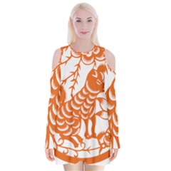 Chinese Zodiac Dog Star Orange Velvet Long Sleeve Shoulder Cutout Dress by Mariart