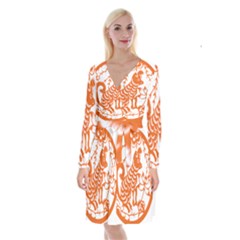 Chinese Zodiac Dog Star Orange Long Sleeve Velvet Front Wrap Dress