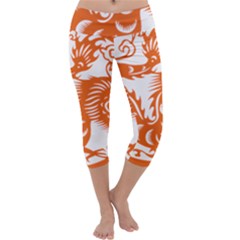 Chinese Zodiac Dragon Star Orange Capri Yoga Leggings by Mariart