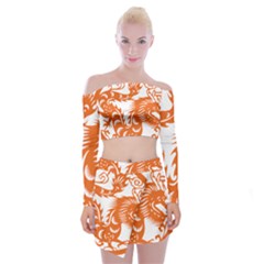 Chinese Zodiac Dragon Star Orange Off Shoulder Top With Skirt Set