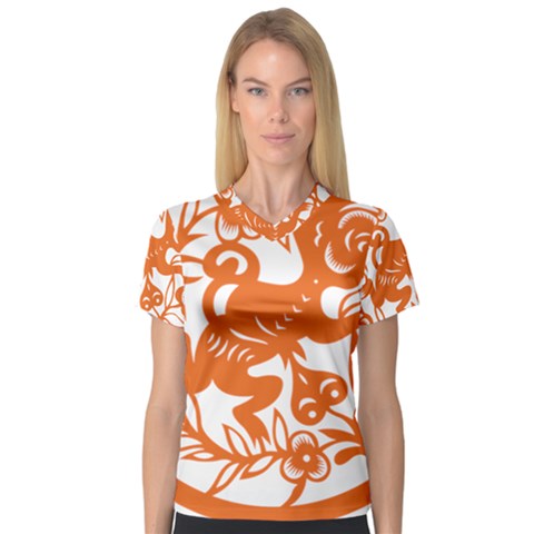 Chinese Zodiac Horoscope Monkey Star Orange Women s V-neck Sport Mesh Tee by Mariart