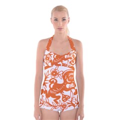 Chinese Zodiac Horoscope Monkey Star Orange Boyleg Halter Swimsuit  by Mariart