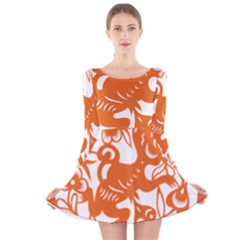 Chinese Zodiac Horoscope Monkey Star Orange Long Sleeve Velvet Skater Dress by Mariart