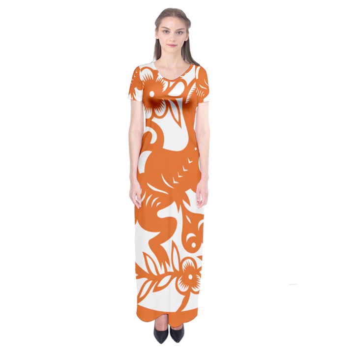 Chinese Zodiac Horoscope Monkey Star Orange Short Sleeve Maxi Dress