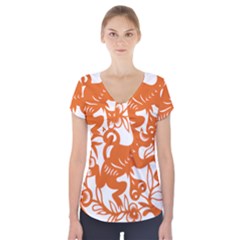 Chinese Zodiac Horoscope Monkey Star Orange Short Sleeve Front Detail Top by Mariart