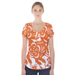 Chinese Zodiac Horoscope Pig Star Orange Short Sleeve Front Detail Top by Mariart