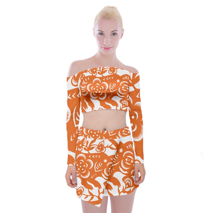 Chinese Zodiac Horoscope Pig Star Orange Off Shoulder Top with Skirt Set