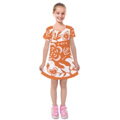 Chinese Zodiac Horoscope Pig Star Orange Kids  Short Sleeve Velvet Dress by Mariart