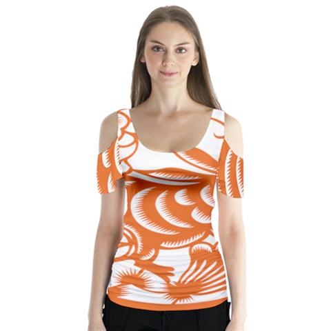 Chinese Zodiac Horoscope Rabbit Star Orange Butterfly Sleeve Cutout Tee  by Mariart