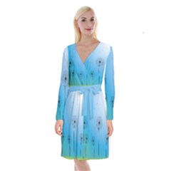 Flower Back Blue Green Sun Fly Long Sleeve Velvet Front Wrap Dress