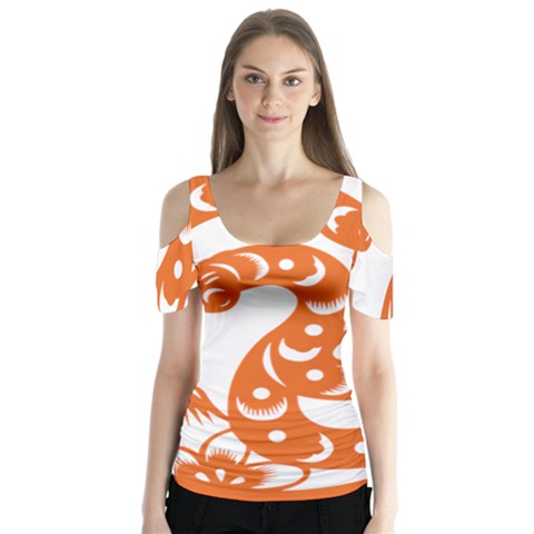 Chinese Zodiac Horoscope Snake Star Orange Butterfly Sleeve Cutout Tee  by Mariart