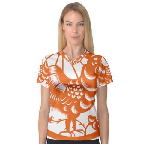 Chinese Zodiac Horoscope Zhen Icon Star Orangechicken Women s V-neck Sport Mesh Tee by Mariart