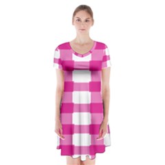 Hot Pink Brush Stroke Plaid Tech White Short Sleeve V-neck Flare Dress by Mariart