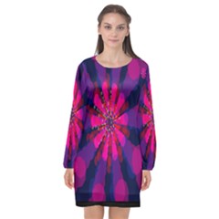 Flower Red Pink Purple Star Sunflower Long Sleeve Chiffon Shift Dress 