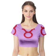 Illustrated Zodiac Purple Red Star Polka Circle Short Sleeve Crop Top (tight Fit) by Mariart