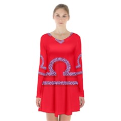 Illustrated Zodiac Red Purple Star Polka Long Sleeve Velvet V-neck Dress by Mariart