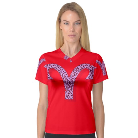 Illustrated Zodiac Red Star Purple Women s V-neck Sport Mesh Tee by Mariart