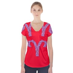 Illustrated Zodiac Red Star Purple Short Sleeve Front Detail Top by Mariart