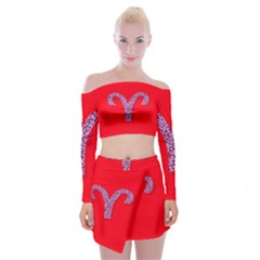 Illustrated Zodiac Red Star Purple Off Shoulder Top With Skirt Set