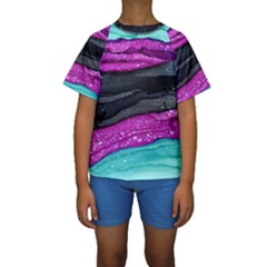 Green Pink Purple Black Stone Kids  Short Sleeve Swimwear by Mariart