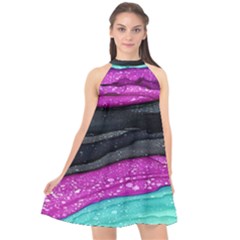 Green Pink Purple Black Stone Halter Neckline Chiffon Dress 