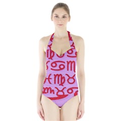 Illustrated Zodiac Red Purple Star Halter Swimsuit by Mariart