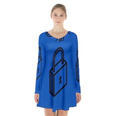 Padlock Love Blue Key Long Sleeve Velvet V-neck Dress by Mariart