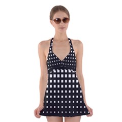 Plaid White Black Halter Swimsuit Dress