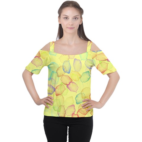 Watercolors On A Yellow Background                Women s Cutout Shoulder Tee by LalyLauraFLM