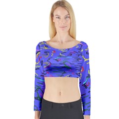 Paint Strokes On A Blue Background              Long Sleeve Crop Top by LalyLauraFLM