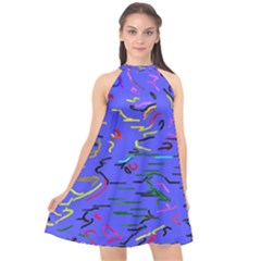 Paint Strokes On A Blue Background             Halter Neckline Chiffon Dress by LalyLauraFLM