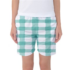 Plaid Blue Green White Line Women s Basketball Shorts by Mariart