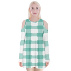 Plaid Blue Green White Line Velvet Long Sleeve Shoulder Cutout Dress