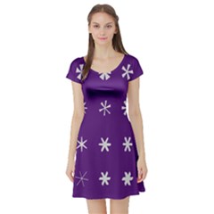 Purple Flower Floral Star White Short Sleeve Skater Dress