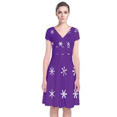 Purple Flower Floral Star White Short Sleeve Front Wrap Dress