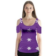 Purple Flower Floral Star White Butterfly Sleeve Cutout Tee 