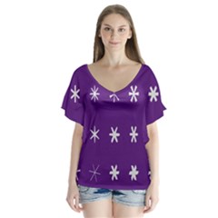 Purple Flower Floral Star White Flutter Sleeve Top