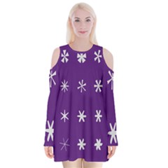 Purple Flower Floral Star White Velvet Long Sleeve Shoulder Cutout Dress