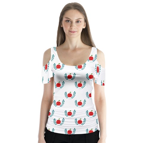 Sage Apple Wrap Smile Face Fruit Butterfly Sleeve Cutout Tee  by Mariart