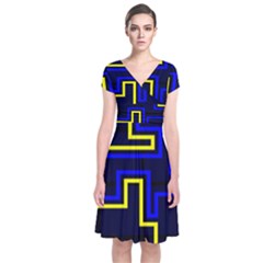 Tron Light Walls Arcade Style Line Yellow Blue Short Sleeve Front Wrap Dress by Mariart