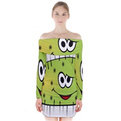 Thorn Face Mask Animals Monster Green Polka Long Sleeve Off Shoulder Dress by Mariart